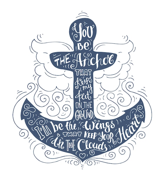 Vector blue doodle typography marine poster with anchor.