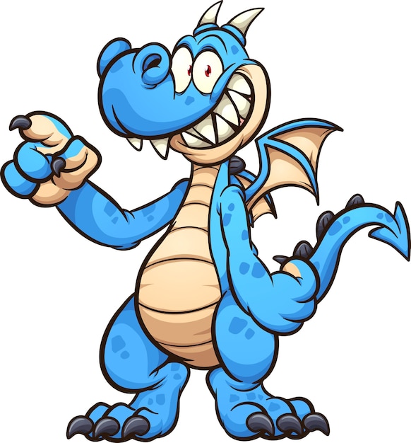 Blue dragon cartoon character standing up and pointing