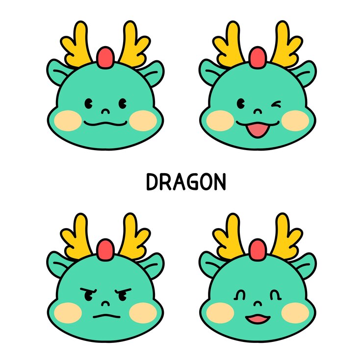 Vector 블루 드래곤 캐릭터의 얼굴 감정 세트