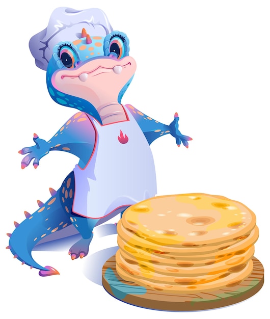 Vettore blue dragon chef e una pila di pancake appena preparati mardi gras vacanza o russo maslenitsa