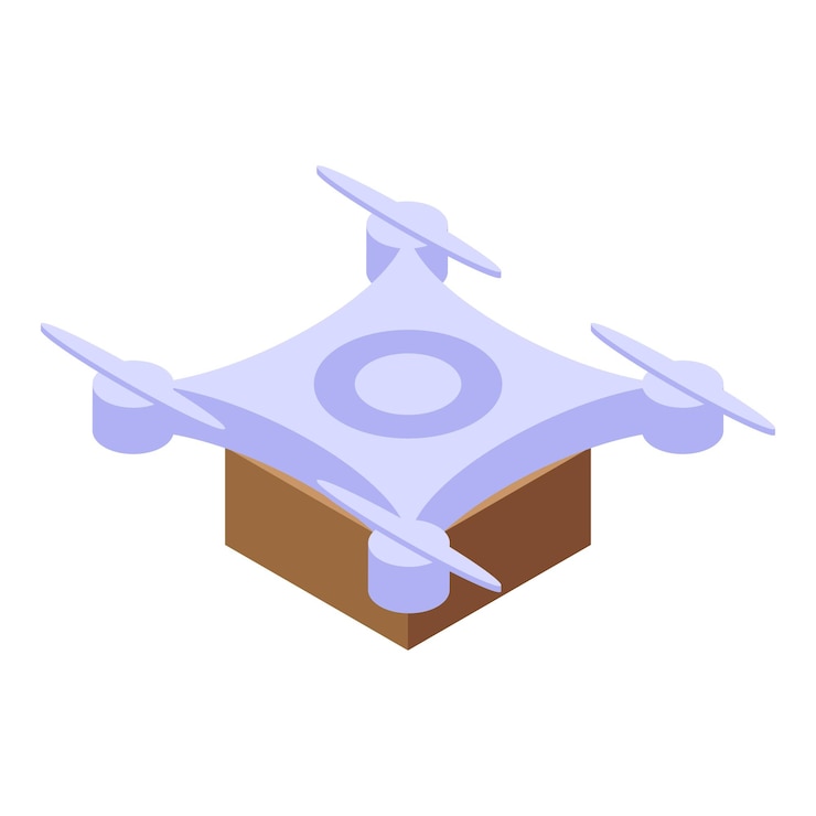Vector blue drone with four propellers is delivering a cardboard parcel box