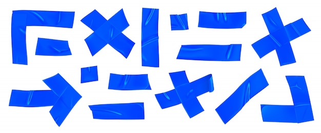 Set nastro adesivo blu. pezzi di nastro adesivo blu realistico per il fissaggio isolato. freccia, croce, angolo e carta incollati.
