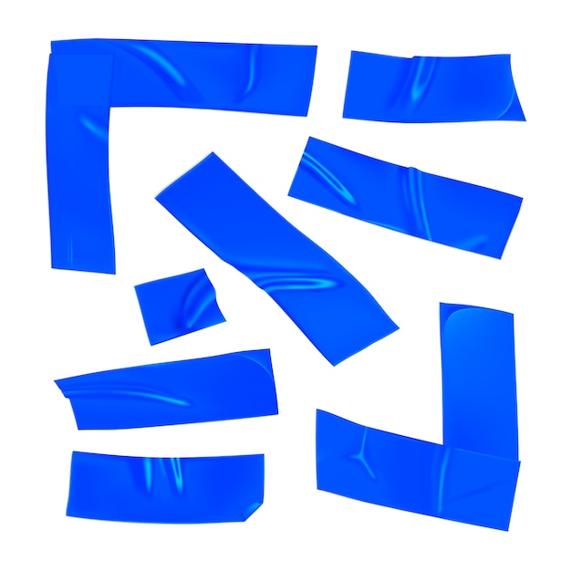 blue duct tape set. realistic blue adhesive tape pieces for fixing isolated on white background. adhesive corner and paper glued. realistic 3d  illustration