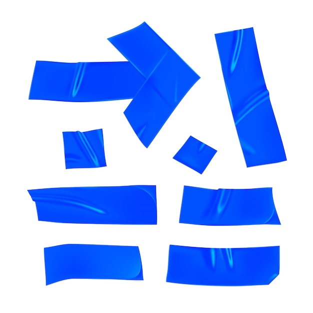 blue duct tape set. realistic blue adhesive tape pieces for fixing isolated on white background. arrow and paper glued. realistic 3d  illustration