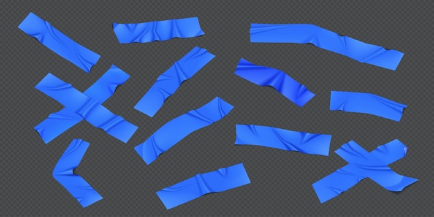 Blue duct tape strips realistic vector illustration set