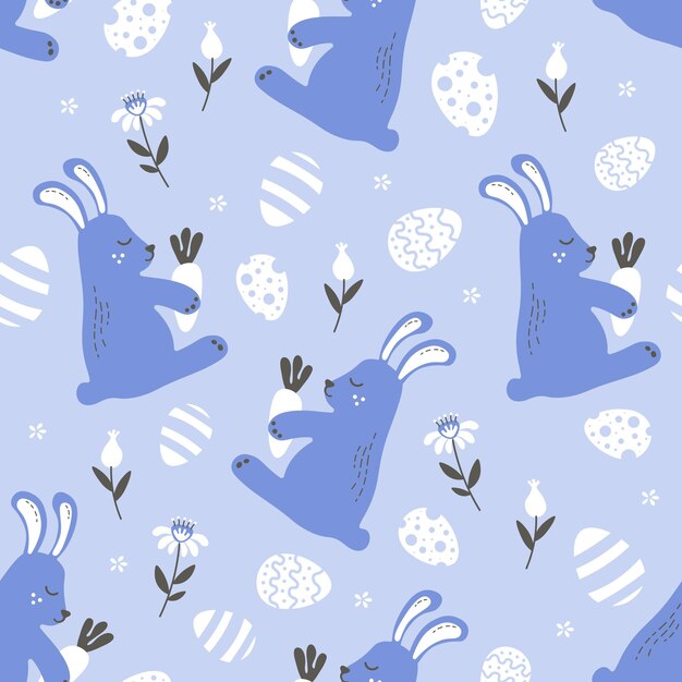 Blue easter pattern with cute white hares with flowers and easter eggs