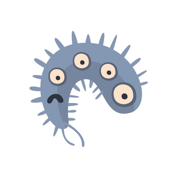 Blue elongated aggressive malignant bacteria monster with sharp teeth and four eyes cartoon vector illustration