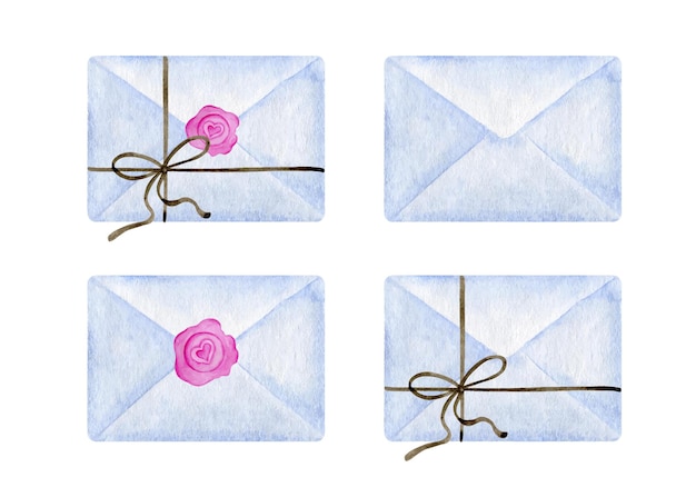 Blue envelopes with a wax seal in the shape of a heart. watercolor illustration valentanes day