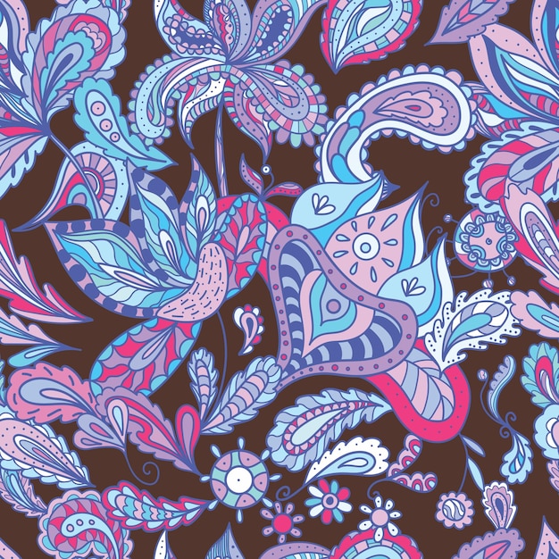 Vettore ornamenti paisley etnici blu con colore rosa su sfondo marrone