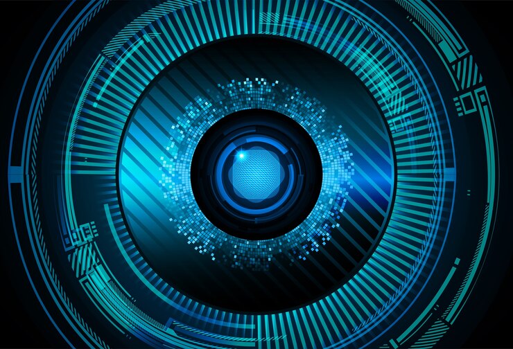 Vector blue eye circuit board cyber security concept
