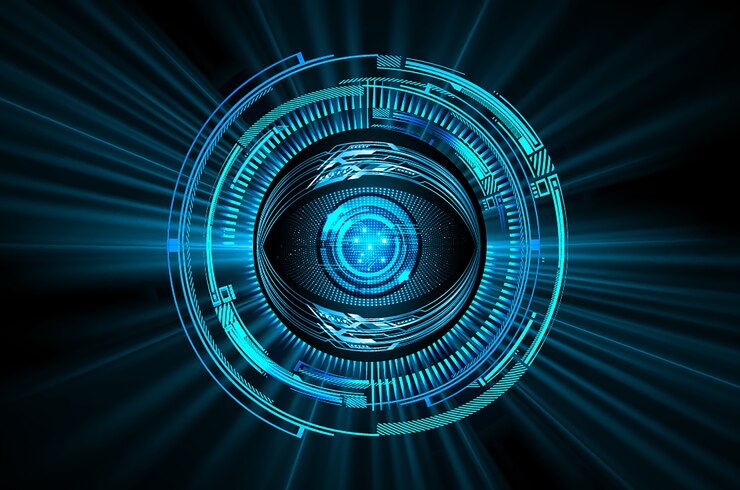 Vector blue eye circuit board cyber security concept