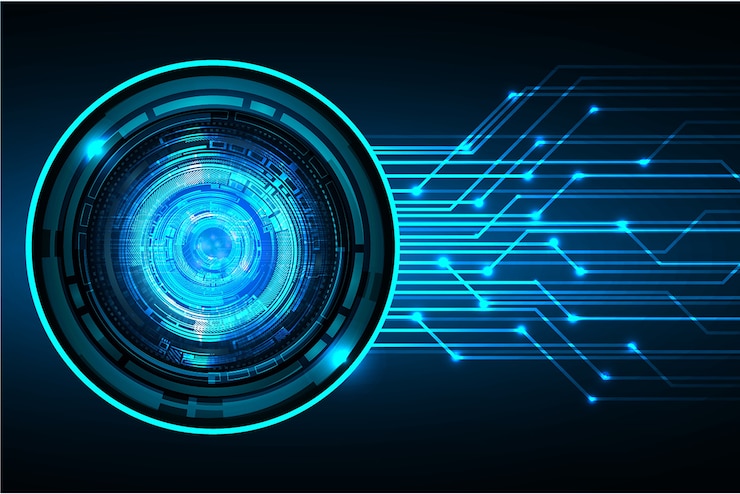 Vector blue eye circuit board cyber security concept