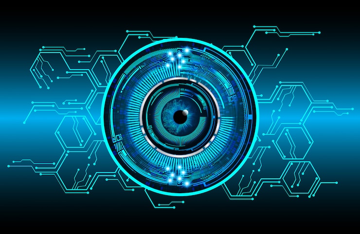 Vector blue eye cyber circuit future technology concept background
