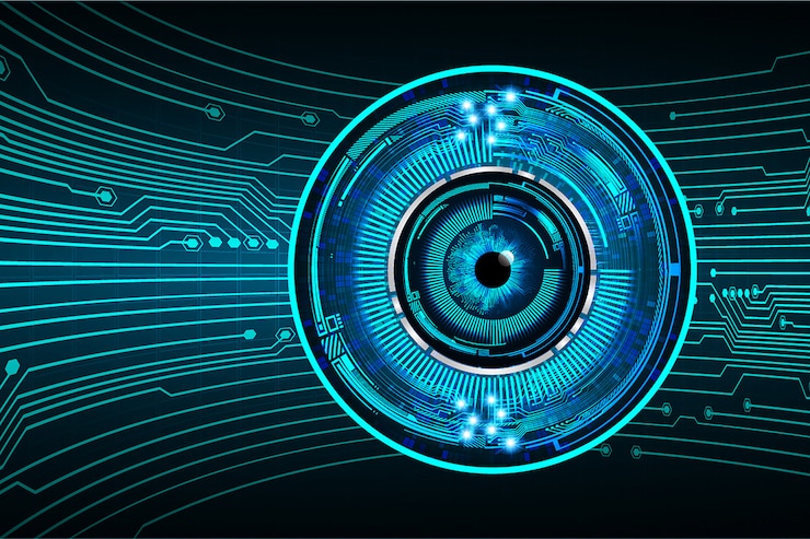 Vector blue eye cyber circuit future technology concept background