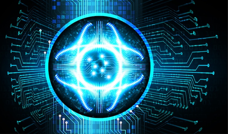 Vector blue eye cyber circuit future technology concept background