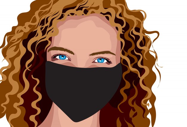 Vector blue eyed girl with brown curly hair in surgical mask