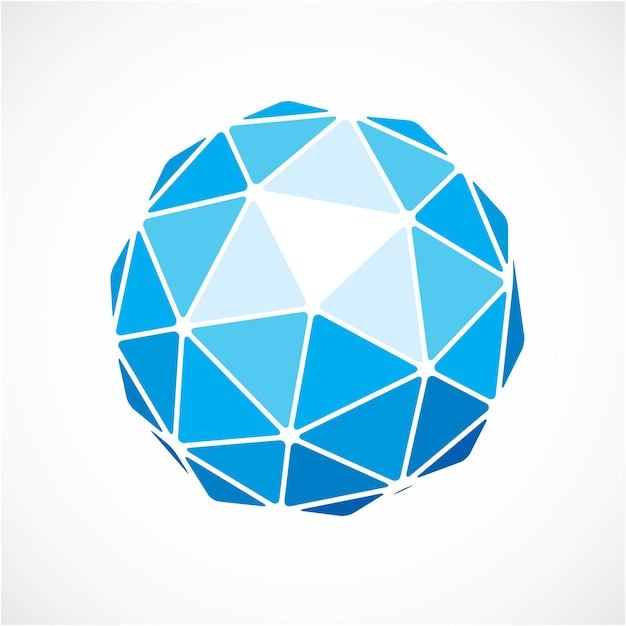 Blue faceted orb created from triangles, dimensional vector sphere. Low poly geometric design element for use in engineering and technology.