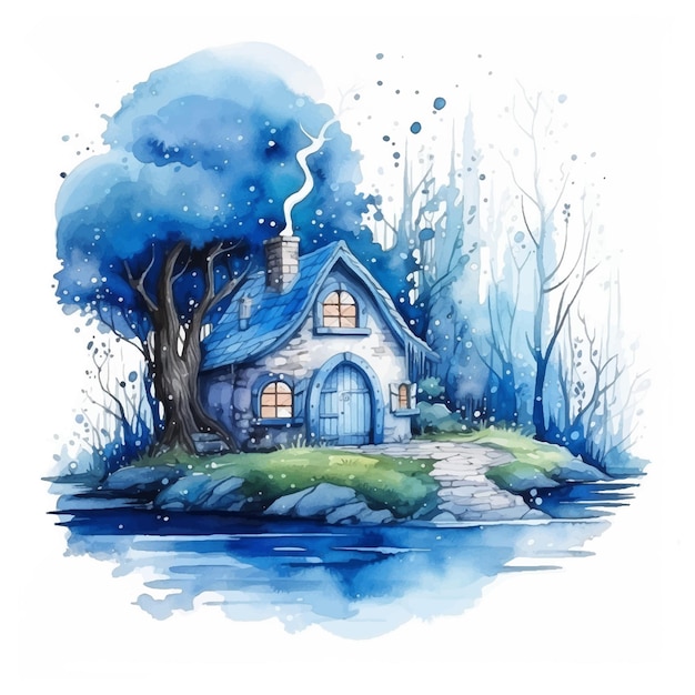 Blue fairy tale house in the beautiful forest watercolor paint