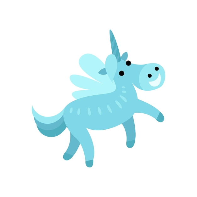blue fairytale unicorn with a rainbow mane cartoon vector illustration on a white background