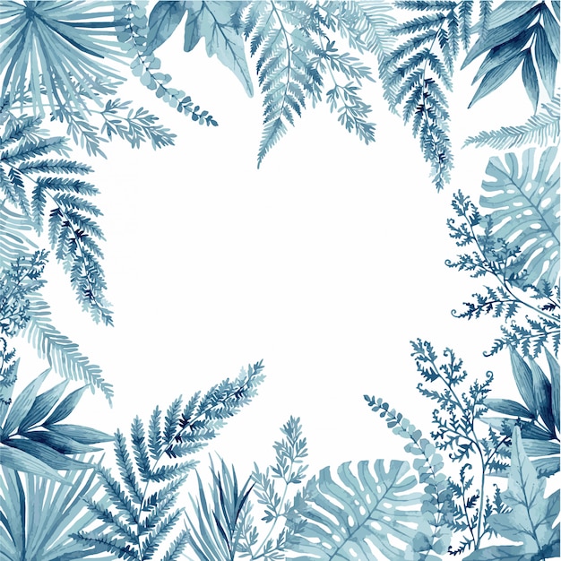 Blue fern leaves, tropical frame