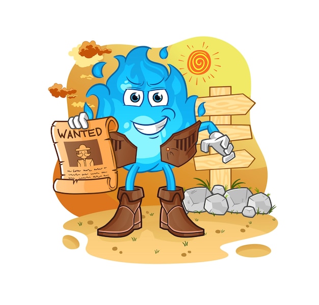 Blue fire cowboy with wanted paper cartoon mascot vector
