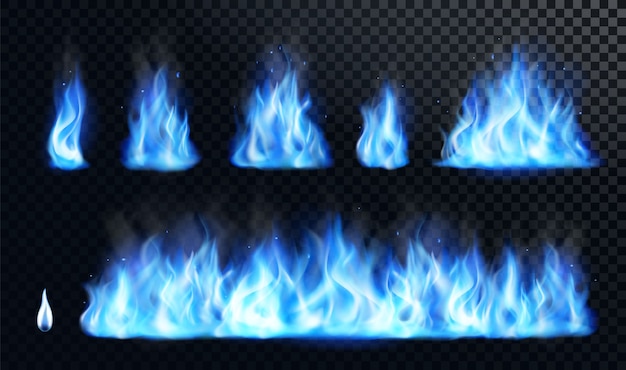 Vector blue fire flame realistic set