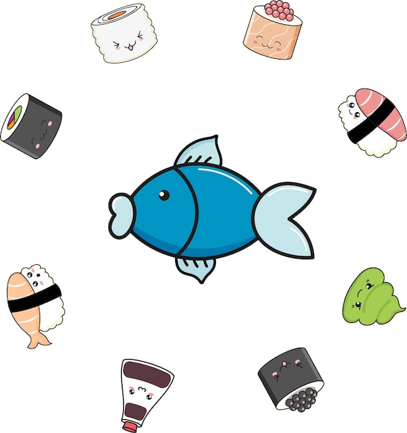 Vector blue fish surrounded by sushi