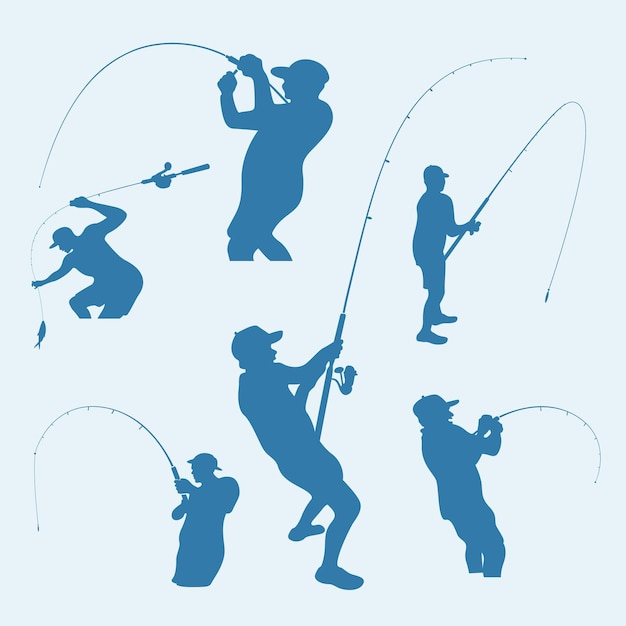 Vector blue fishing man silhouette collection