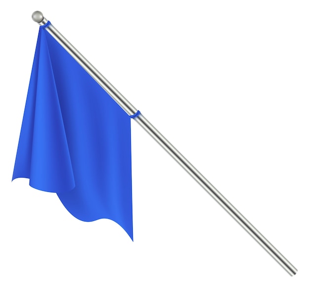 Mockup bandiera blu tessuto realistico su palo metallico isolato su sfondo bianco