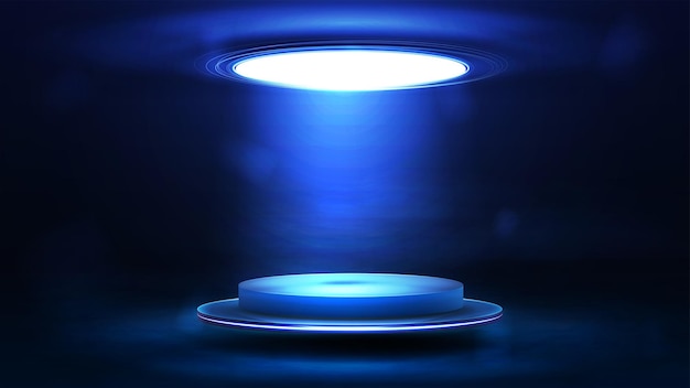 Blue floating in the air empty podium with circle ceiling lamp in dark and blue scene