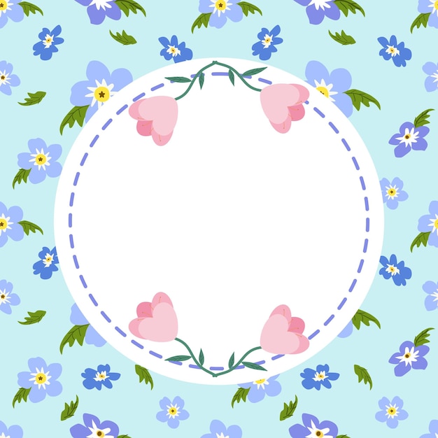 A blue floral background with a circle with a blue border and a heart in the middle.