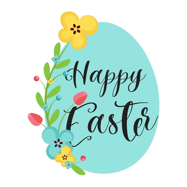 A blue floral background with the words happy easter in black letters.