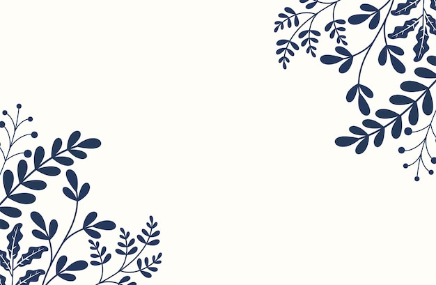 Vettore un bordo floreale blu con foglie e uno sfondo bianco.