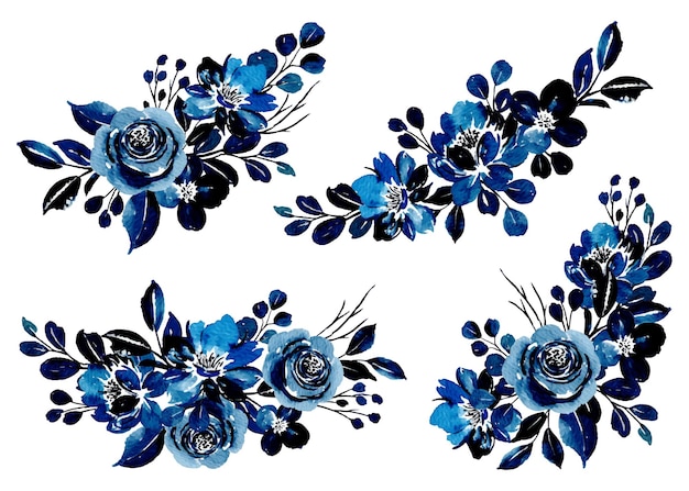 Blue floral bouquet collection with watercolor