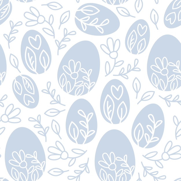 Blue floral easter seamless pattern of eggs and flowers