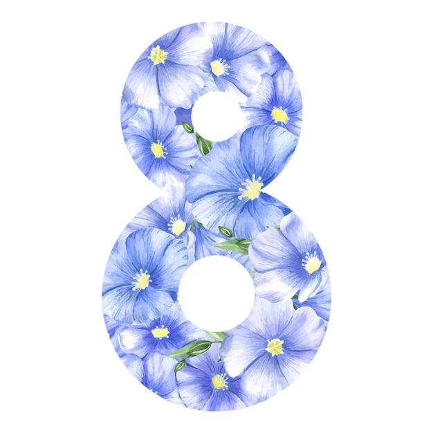 Blue floral number eight symbol of 8 March. International Women's Day