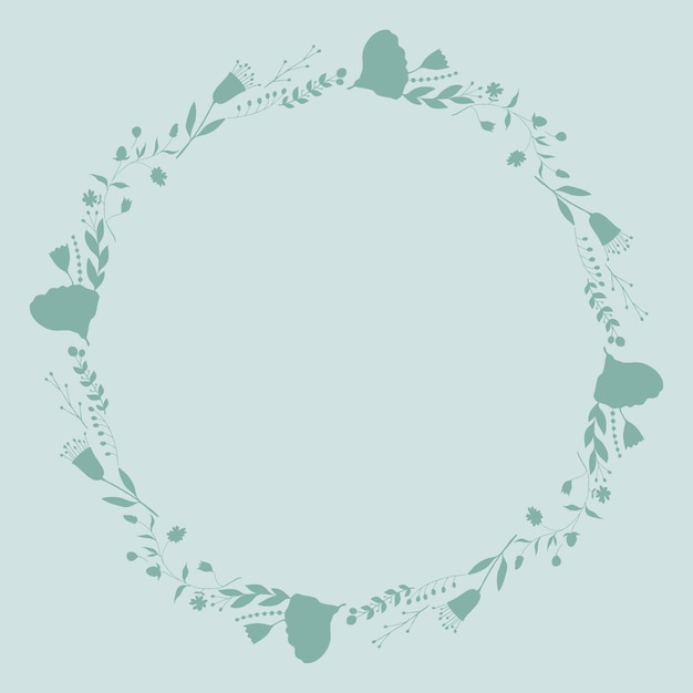 Blue floral outline round frame Botanical template with flowers