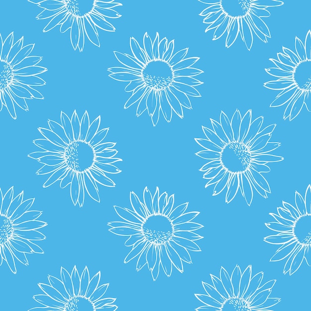 Blue floral seamless pattern White daisies Hand drawn vector illustration