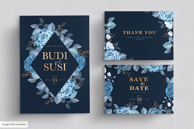 Vector blue floral wedding card set