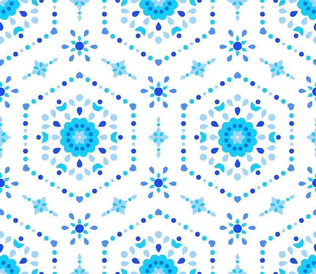 파란색 꽃 패턴 원활한 Boho 배경 육각형 디자인 요소 벽지 인쇄 리넨 패브릭에 대한 벡터 그림 민족 섬유 그래픽 꽃 장식 장식