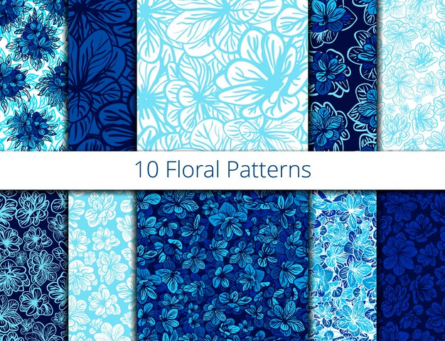 Blue flower vector patterns set pattern fills web page background surface textures