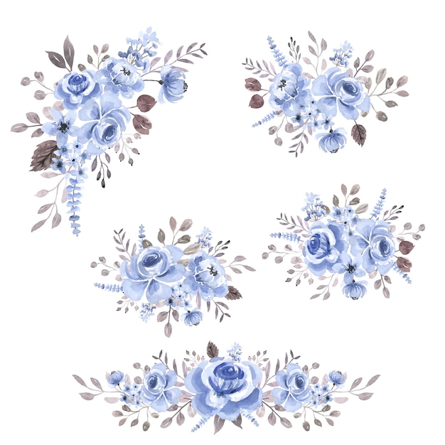 Vector blue flower watercolor flower bouquet collection