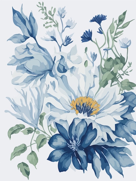 A blue flower with a yellow center is surrounded by other flowers.