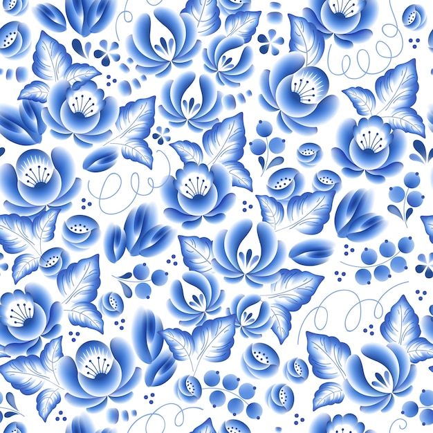 Blue flowers floral russian porcelain beautiful folk ornament.  illustration. seamless pattern background. floral chinese pattern.