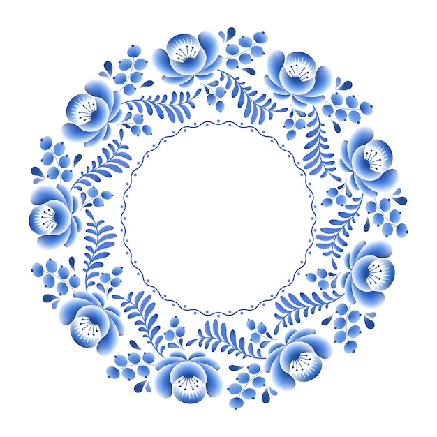 Blue flowers floral russian porcelain round frame with beautiful folk ornament.  illustration. Decorative composition.