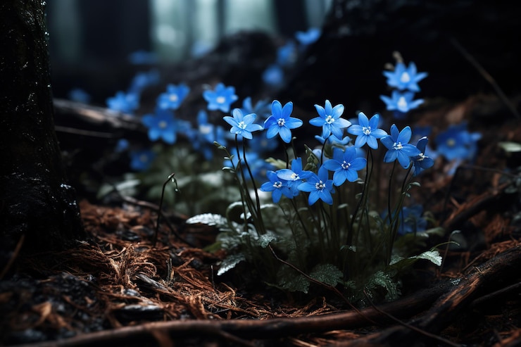 Vector blue flowers in a forest with a log in the background