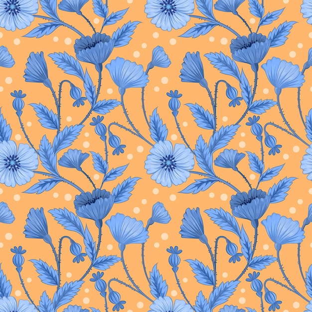 Vector blue flowers and leaf on yellow seamless pattern.