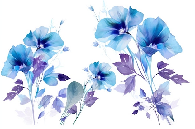 Blue Flowers Leaves Painting