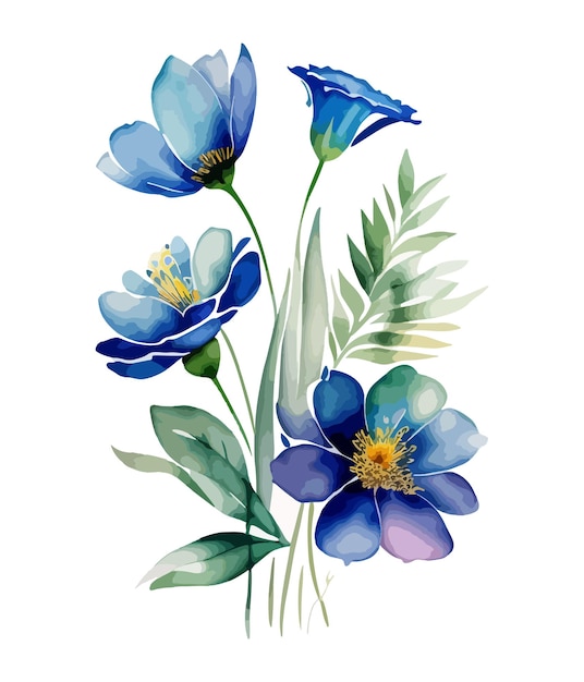 Blue flowers on a white background watercolor painting