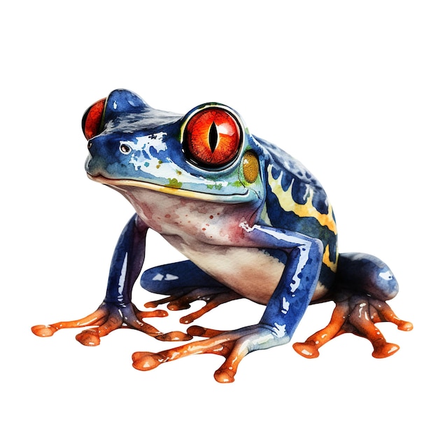 A blue frog with red eyes sits on a white background.